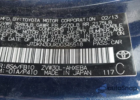 2013 Toyota Prius Five/Four/Three/Three Se/Two from USA, damaged, VIN JTDKN3DUXD0345518